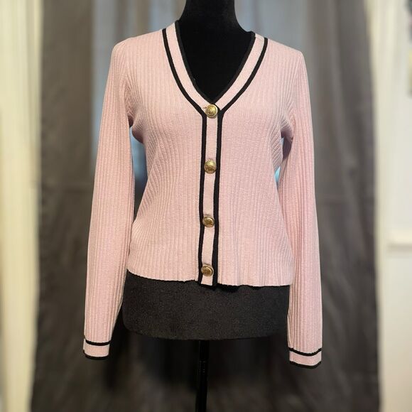 Express Pink Ribbed V-Neck Cardigan Black Trim Gold Buttons Classic Elegant Med - Picture 1 of 13